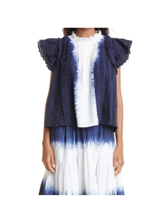 Sea Tops - 𝅺sea "Evelyn" Cotton Tie Dye Blouse Top New Blue White Eyelet Lace Ruffles